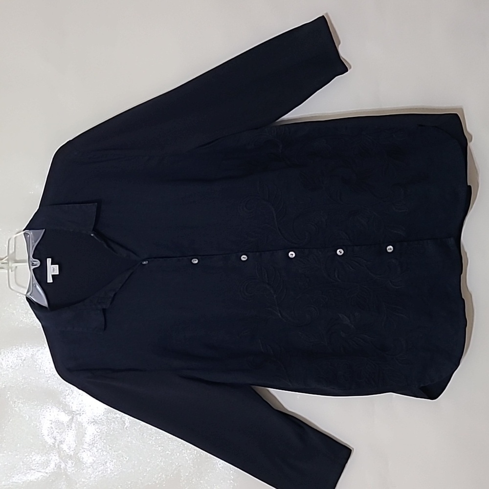 J.‎ JILL Navy Blue Embroidered 3/4 Sleeve Button Up Linen Blouse - Size Large